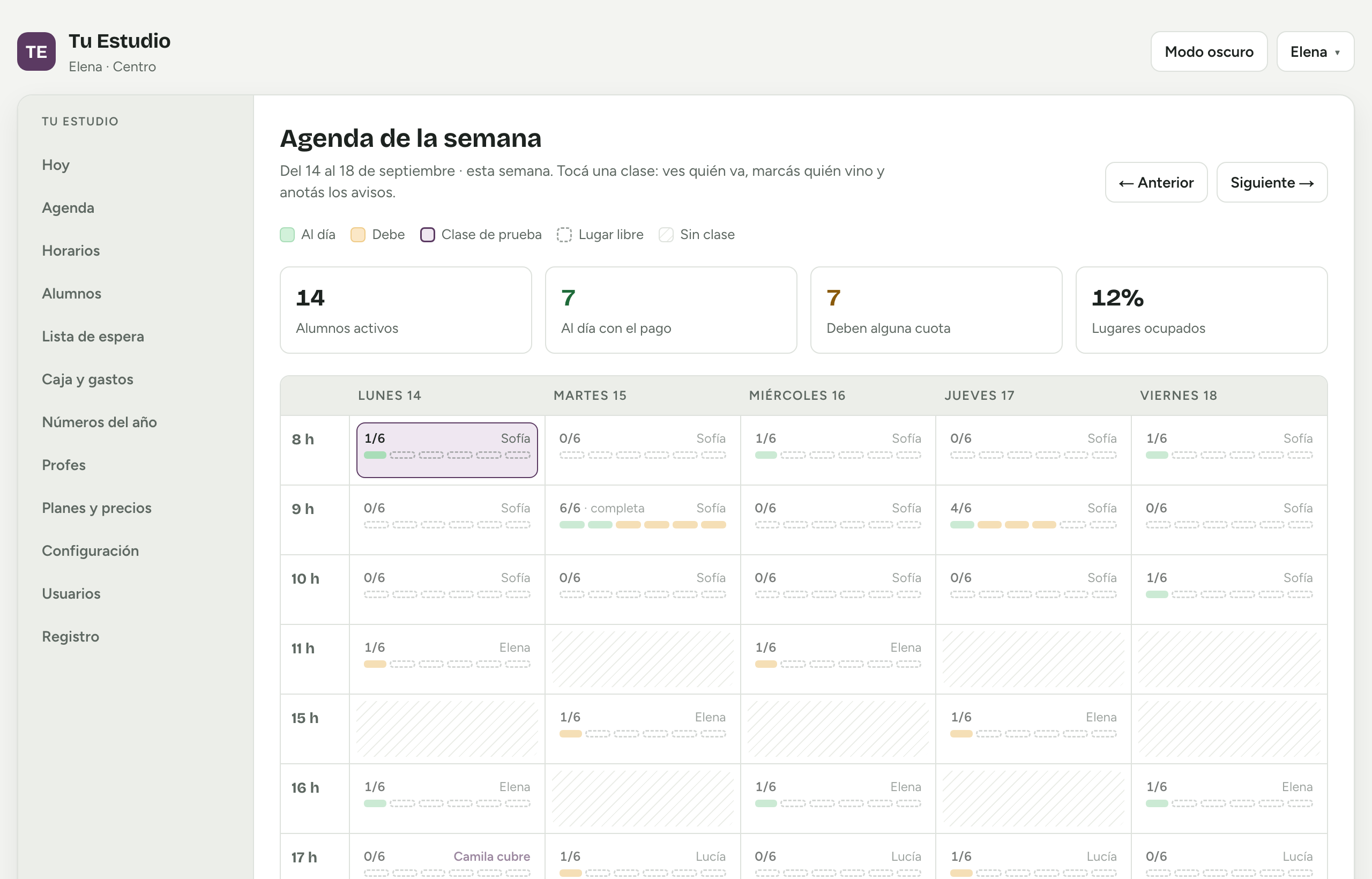 La agenda de la semana: cada clase con los lugares que quedan y quién la da