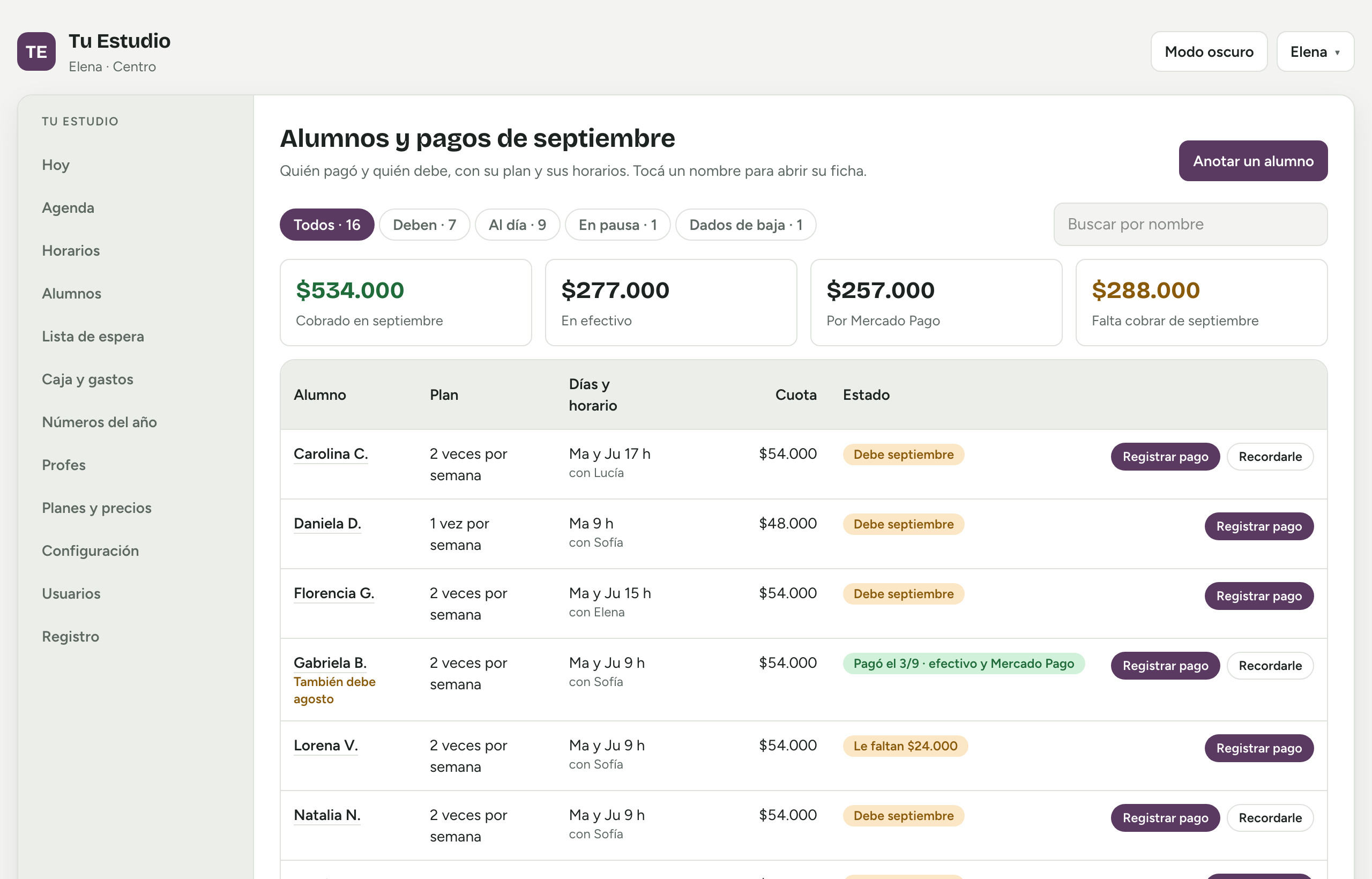 La lista de alumnos con su plan, su horario y si pagaron el mes