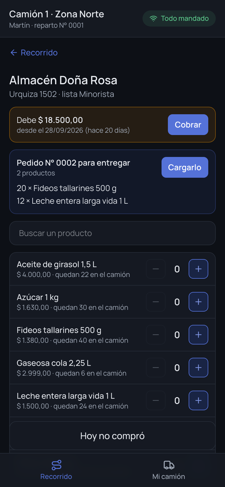 La app del chofer en la ficha de un cliente: lo que debe, el pedido para entregarle y lo que queda en el camión