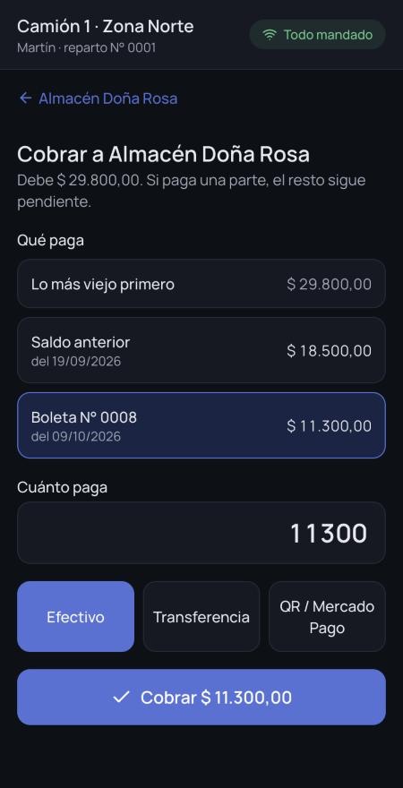 La app del chofer cobrando a un cliente: elige qué boleta le pagan y cómo